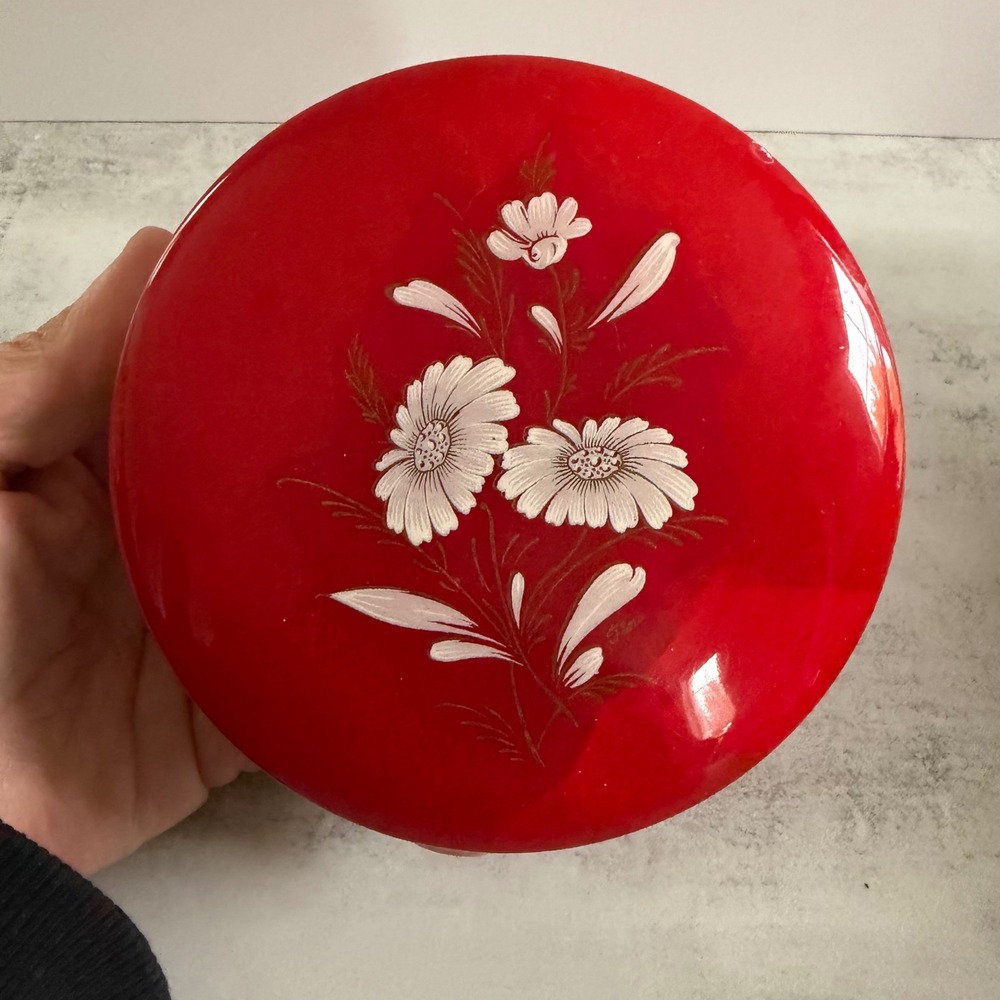 VTG Italian Red Alabaster Trinket Box Hand Painted Floral Daisy Signed Powder B.